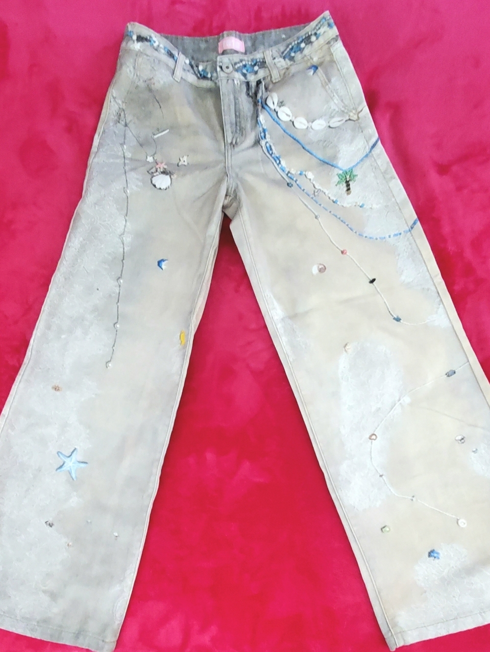 TRTR Beach Shorelibw Denim Beige Wide-Leg Embroidered Pants - Women